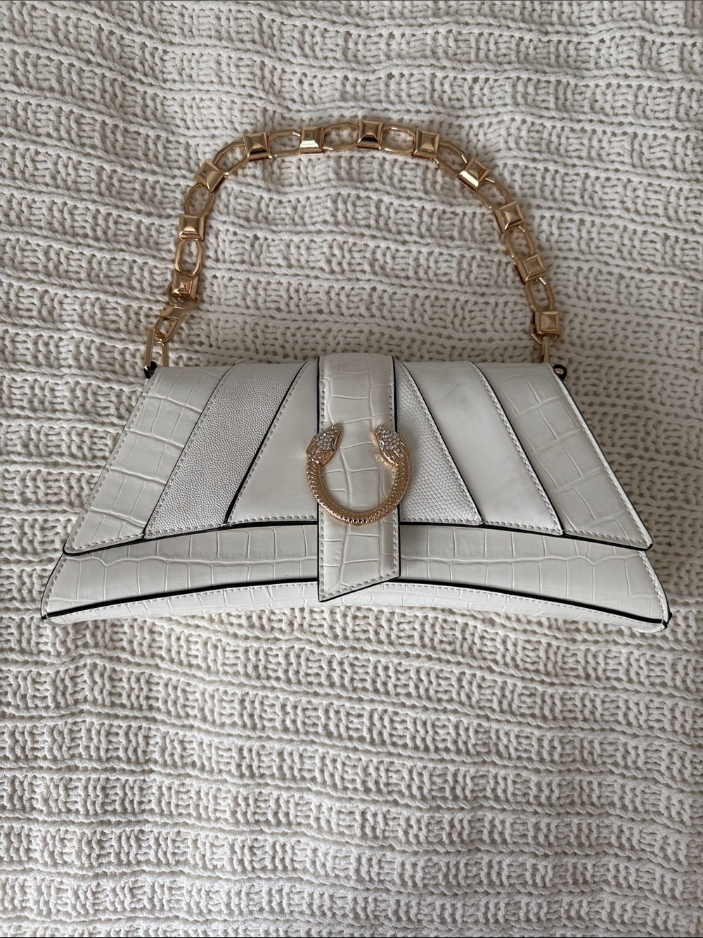 ALDO White Croc-Embossed Shoulder Bag with Gold Chain Handle
